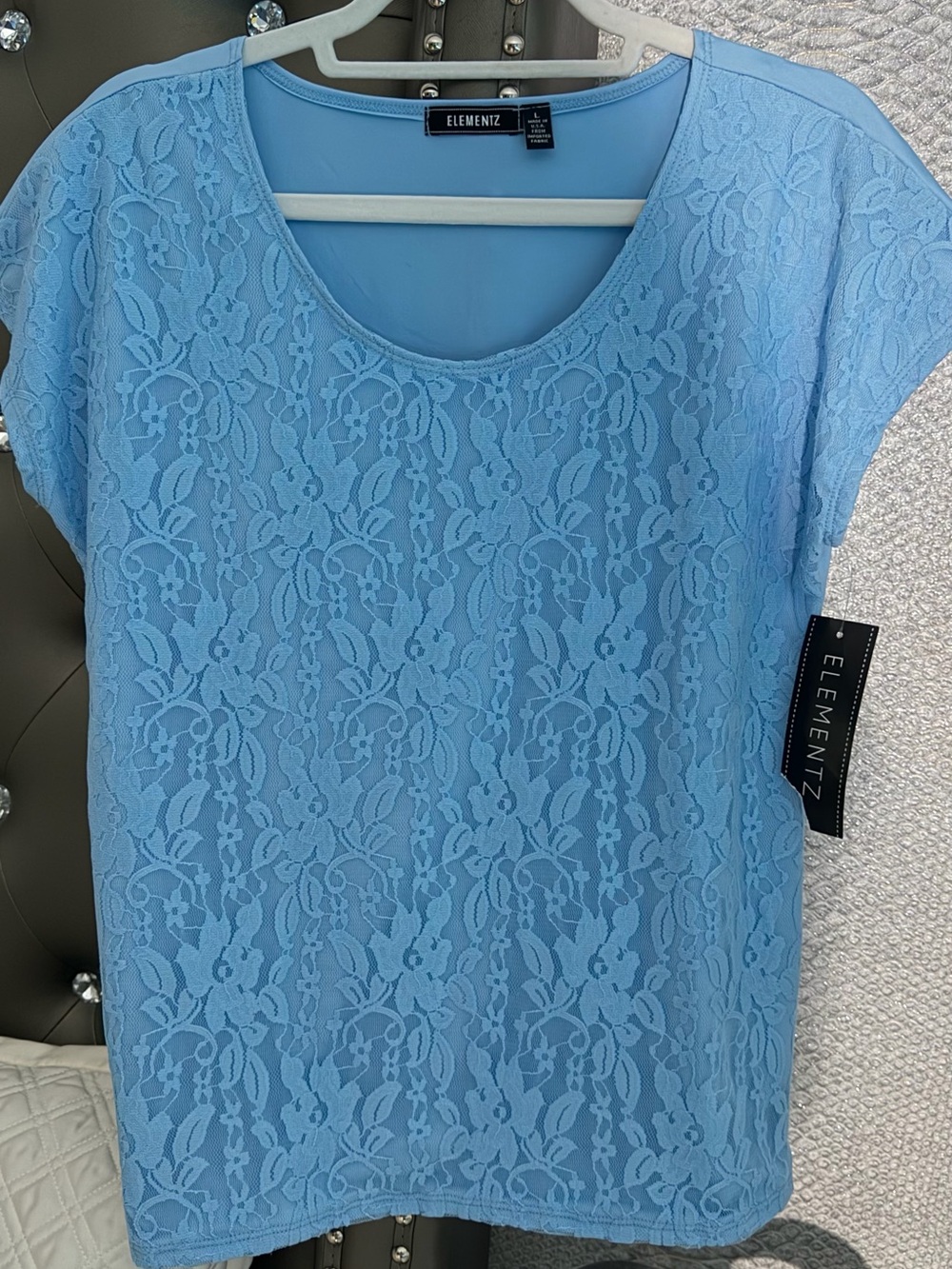 NWT Elementz Periwinkle Blue Lace Front Short Sleeve Blouse Top - Size L